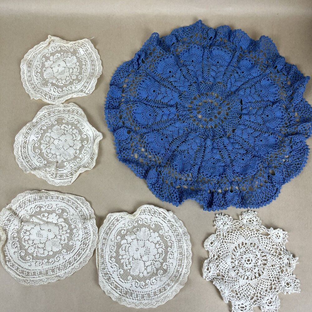 Vintage Ruffled Doily White & Ivory Set Of‎ 6 13”/5.5”